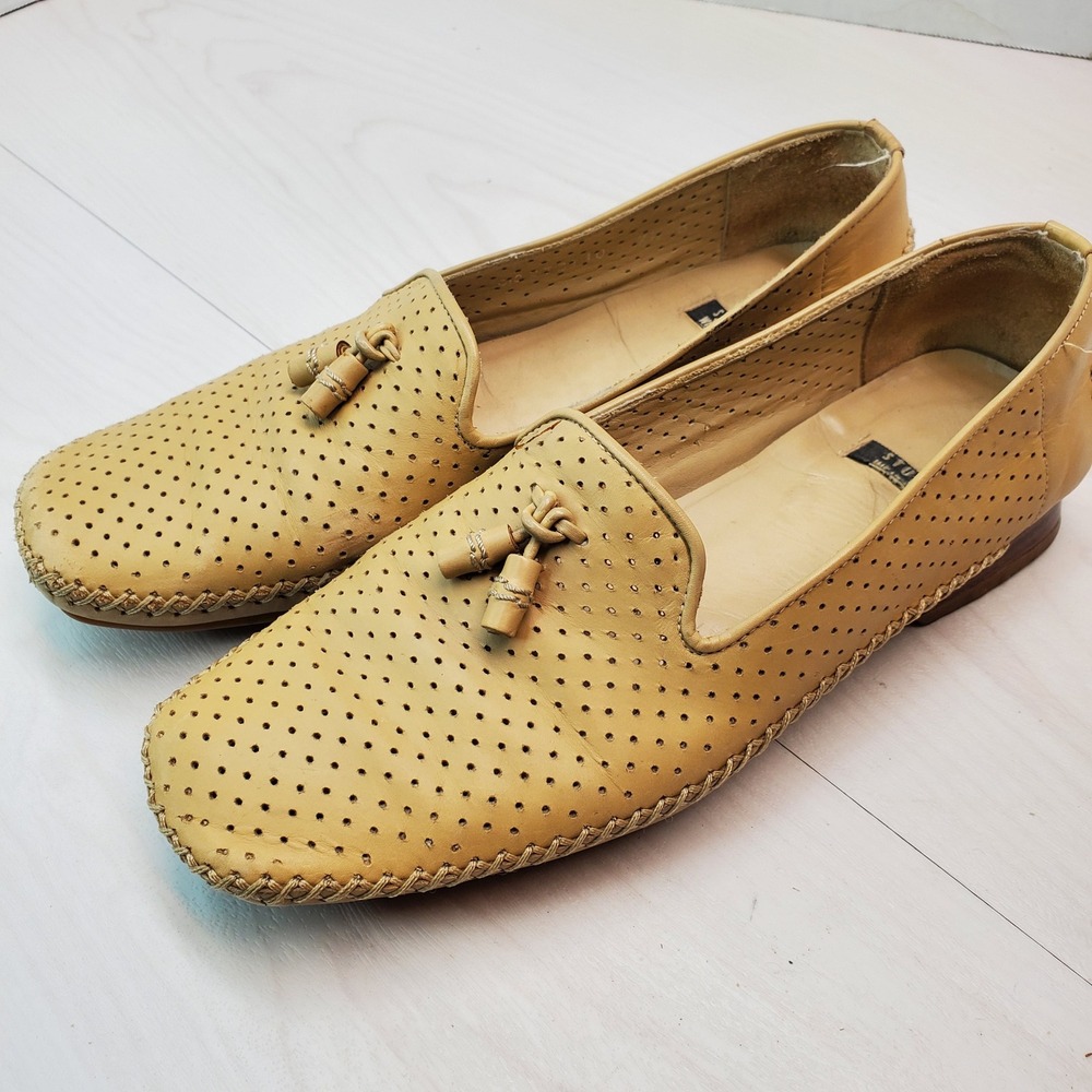Stuart Weitzman‎ Perforated Leather Tassel Loafers Tan Square Toe Women's 7.5B